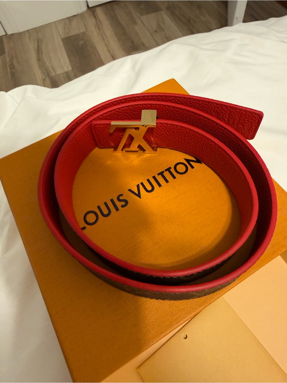 Louis Vuitton Red Leather Belt with Gold LV Buckle